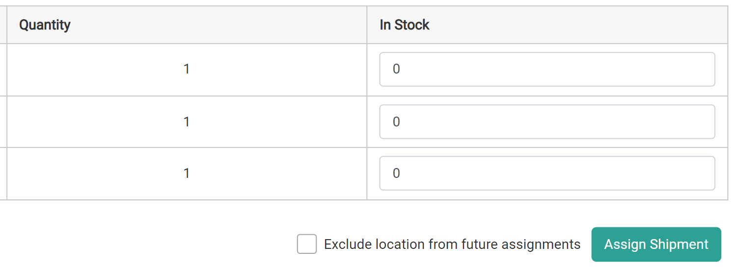 Close-up of the Quantity and In Stock fields with 0 quantity in stock and the Assign Shipment button