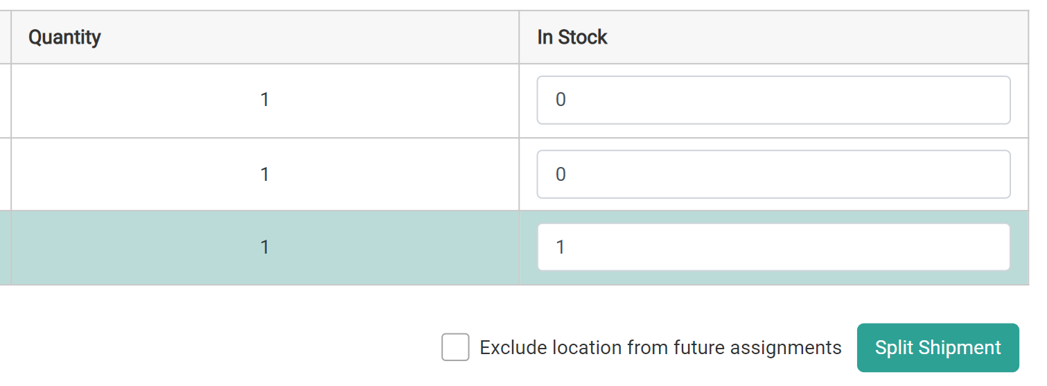 Close-up of the Quantity and In Stock fields with 1 quantity in stock and the Split Shipment button