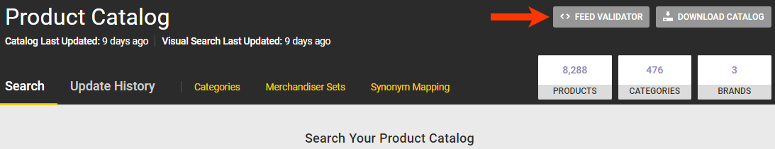 Callout of the FEED VALIDATOR button on the Product Catalog (Old Spec) page