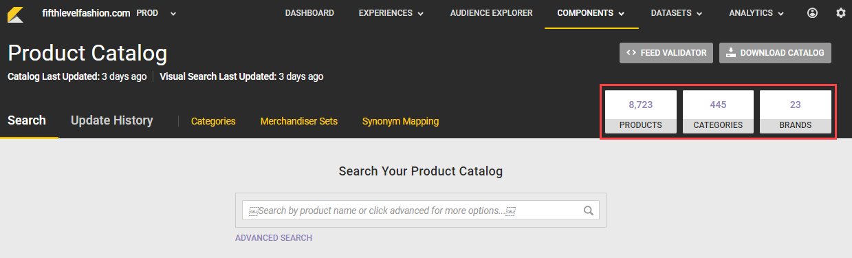 View of the Product Catalog page, with a callout of the PRODUCT, CATEGORIES, and BRANDS counts