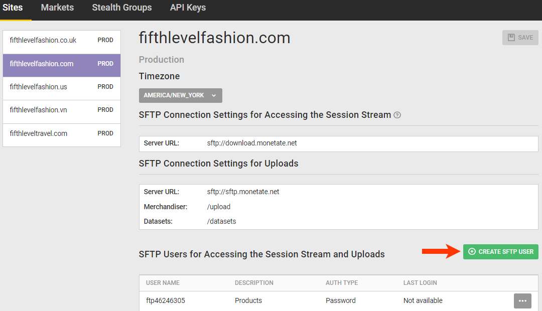 Callout of the 'CREATE SFTP USER' button on the Sites tab