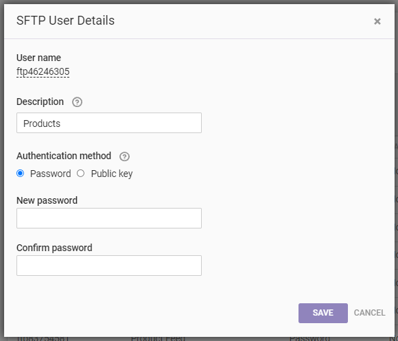 The SFTP User Details modal