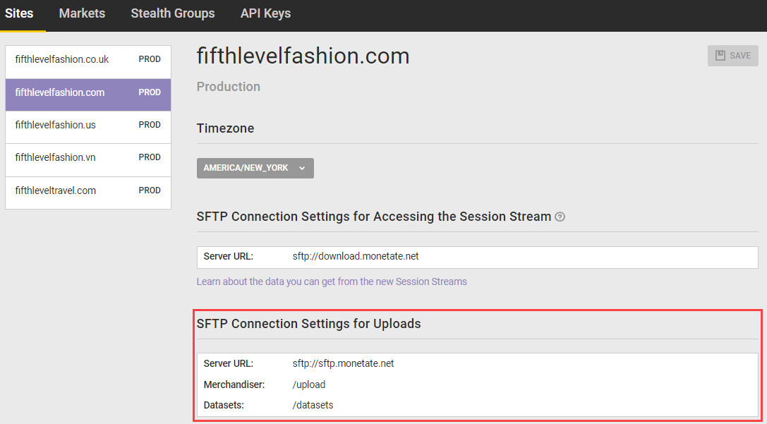 Callout of the 'SFTP Connection Settings for Uploads' table of the Sites page