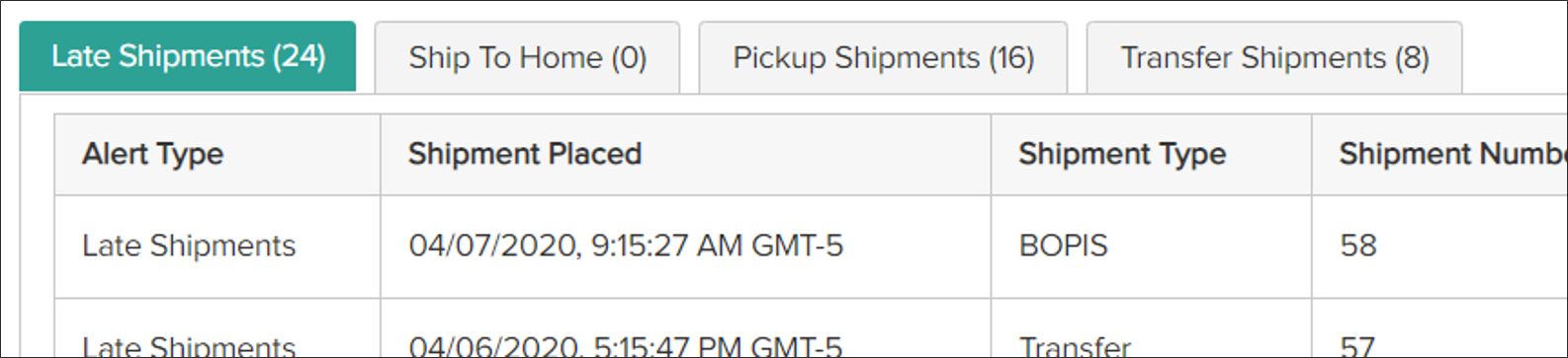 Close-up of the Shipment Quick View widget on the Fulfiller UI with a Pickup Shipments tab