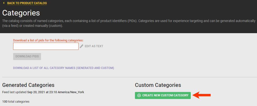 Callout of the CREATE A NEW CUSTOM CATEGORY button