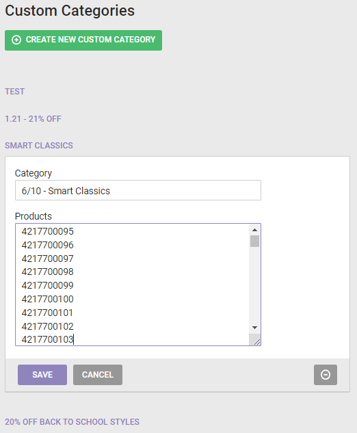 The modal for editing the name and products within a category in the Custom Categories list