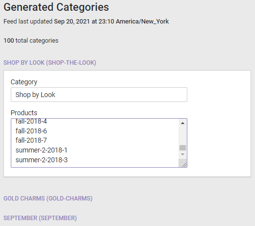 The modal for viewing the name and products within a category in the Generated Categories list