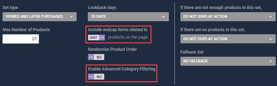 Callout of the 'Include endcap items related to' toggle and the 'Enable Advanced Category Filtering' toggle