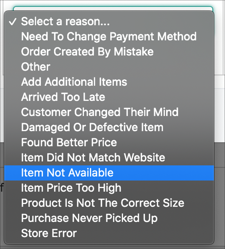 Close-up of the rejection reason options