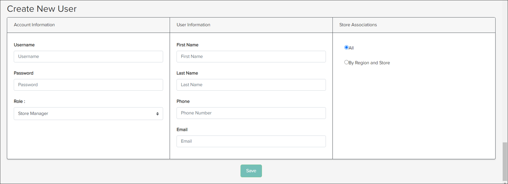 The Create New User configuration form