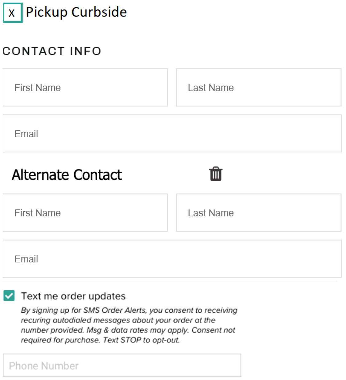 Example of the Curbside widget on the storefront with fields for pickup contact info