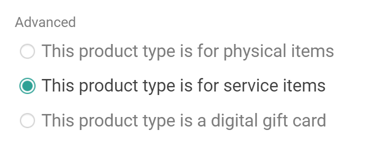 Close-up of Advanced product type options with 