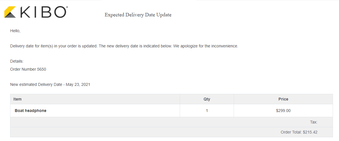 Example of an email notification confirming Expected Delivery Date Update