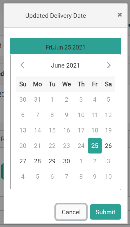 Close-up of the calendar selection tool for updating a delivery date