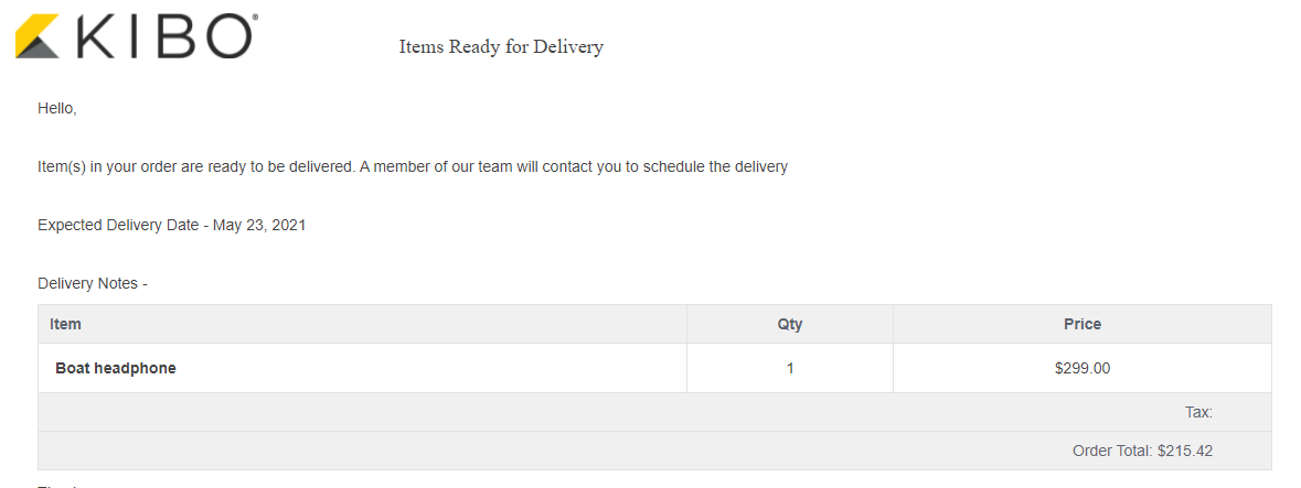 Example of an Items Ready for Delivery email
