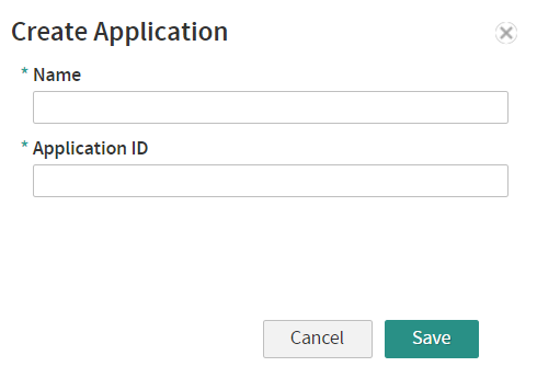 Create Application modal with the required fields and 