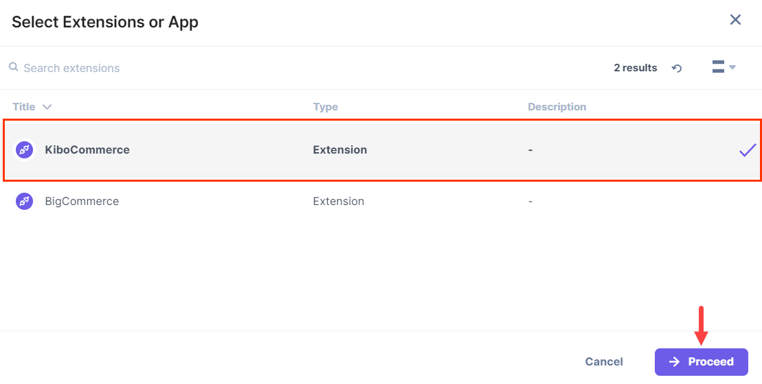 Select Extension or App page with added extension list to choose and 