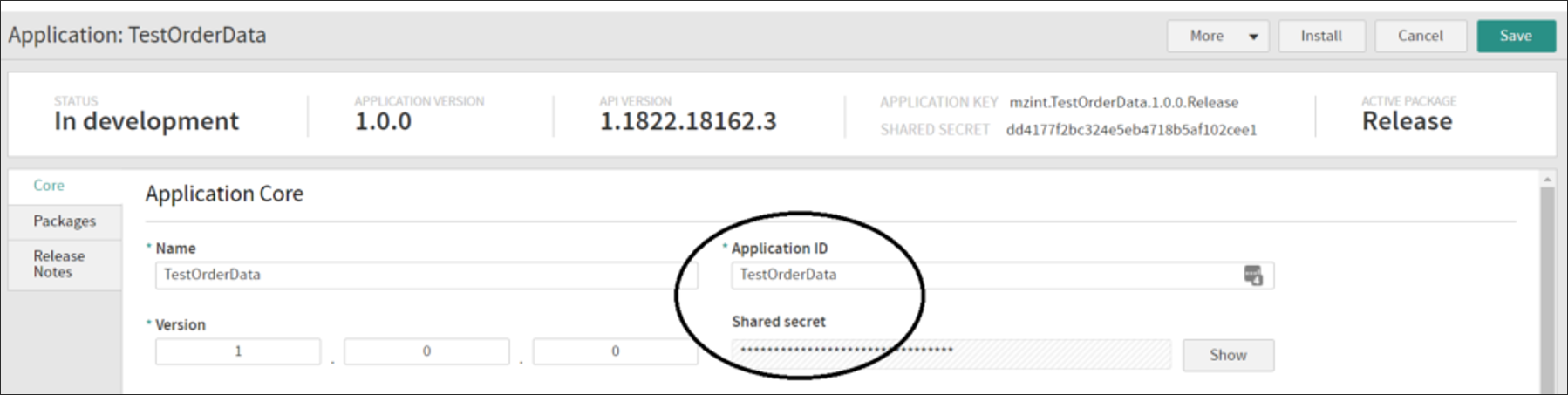 Callout of the Application ID and Shared Secret in the Dev Center