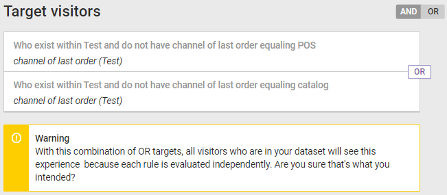 The WHO targets summary with a message that reads, 'Warning! With this combination of OR targets, all visitors who are in your dataset will see this experience because each rule is evaluated independently. Are you sure that's what you intended?'