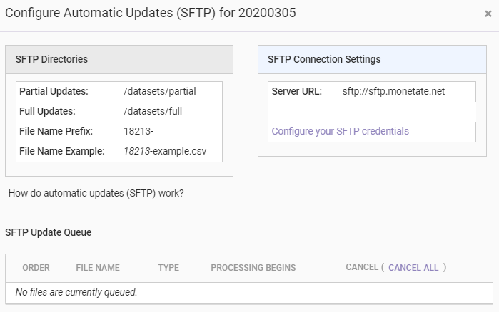 The Configure Automatic Updates (SFTP) modal for a customer dataset
