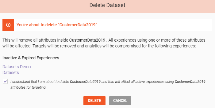 The Delete Dataset modal for a customer dataset used in experiences