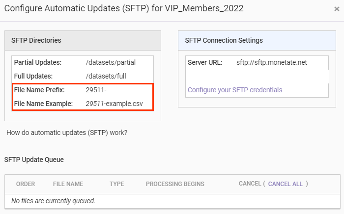 Callout of the dataset's unique filename prefix shown in the Configure Automatic Updates (SFTP) modal