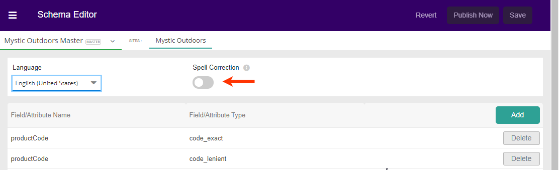 Screenshot of the toggle for Spell Correction in the Schema Editor