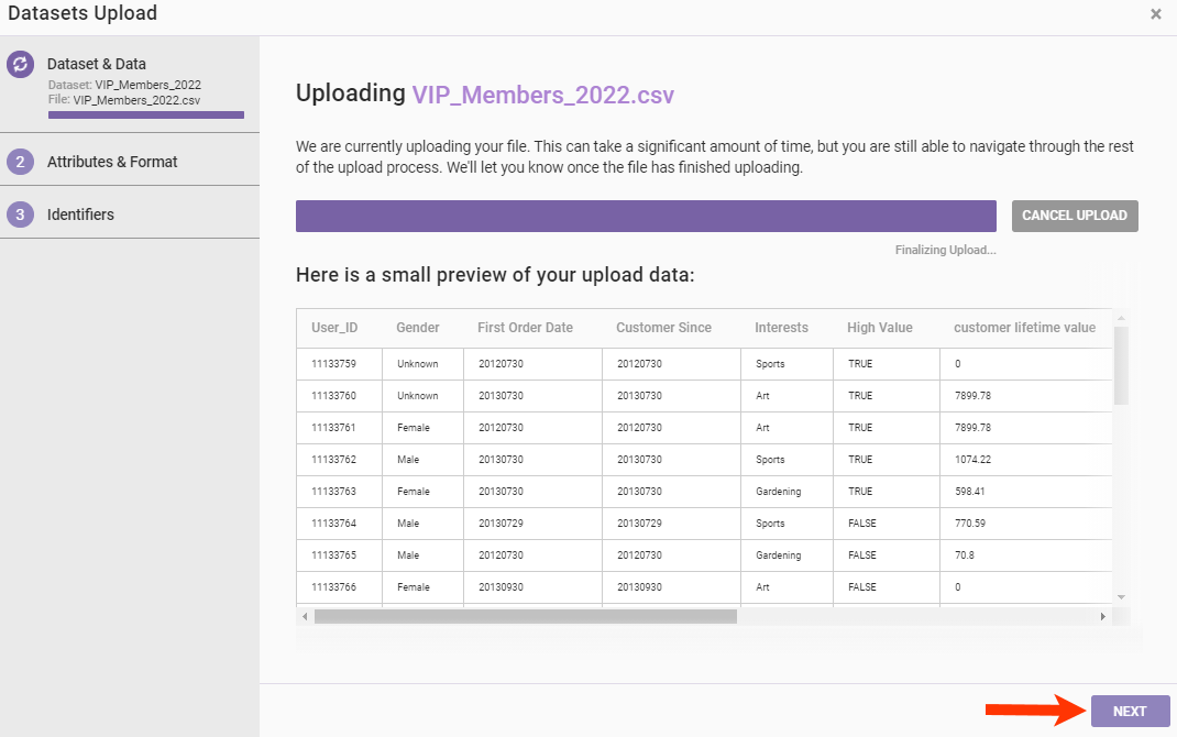 The Datasets Upload wizard, with an upload progress bar, a preview of the schema, and a callout of the NEXT button