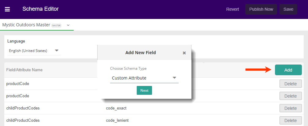 Screenshot of the schema editor with an arrow pointing to the Add button and a modal showing the Choose Schema Type drop-down menu