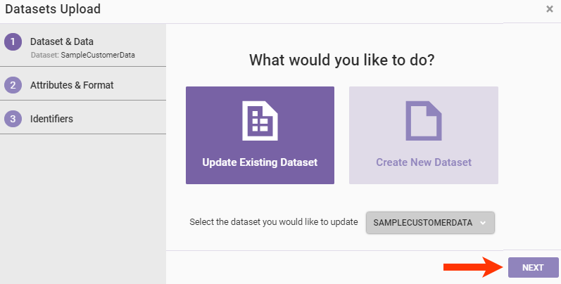 The Datasets Upload wizard, with Update Existing Dataset selected, a dataset selected, and a callout of the NEXT button