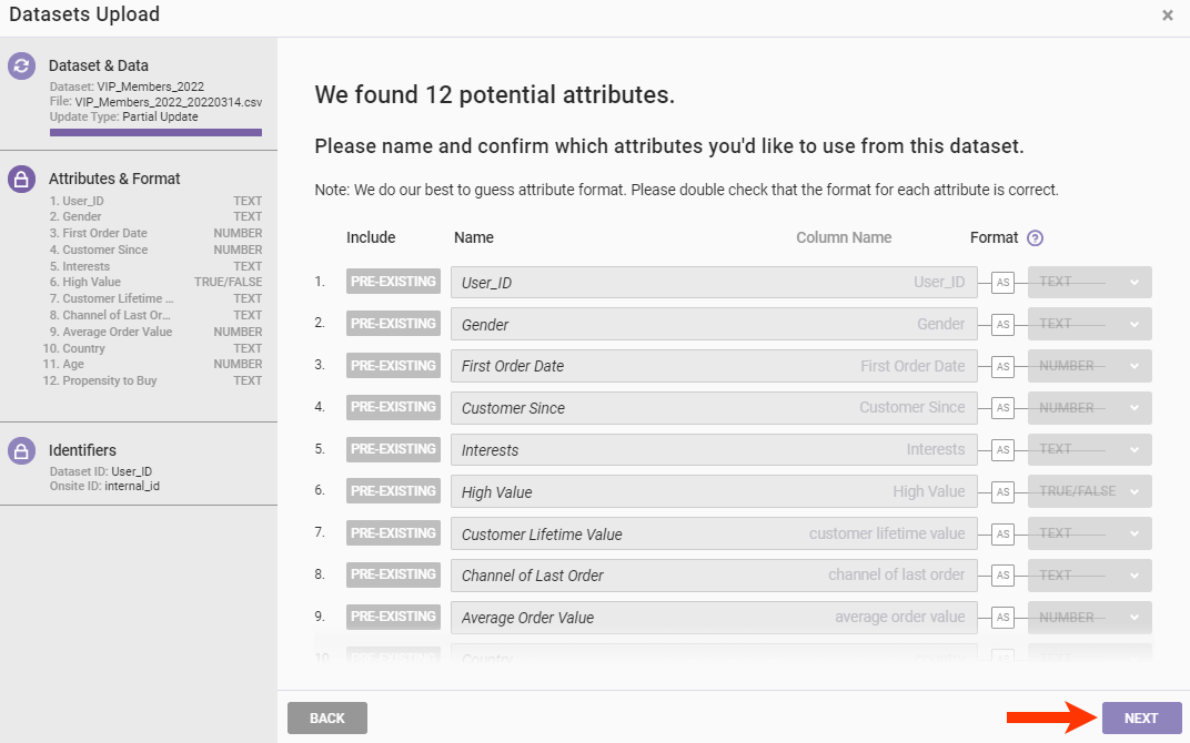 The Datasets Upload wizard, with a list of identified attributes that cannot be edited and a callout of the NEXT button
