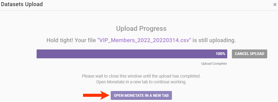 The Datasets Upload wizard, with a file upload progress bar and a callout of the 'OPEN MONETATE IN A NEW TAB' button