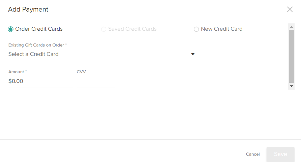 The Add Payment module prompting the user to select payment information