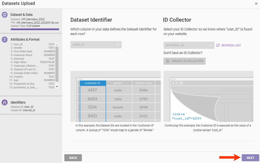 The Datasets Upload wizard, with the Dataset Identifier and ID Collector information and a callout of the NEXT button
