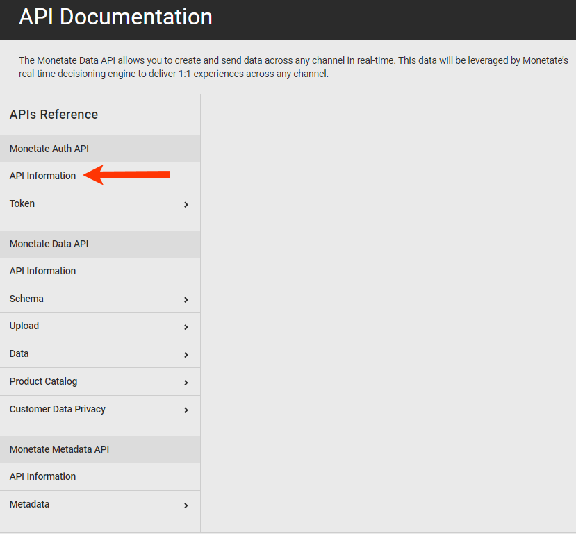 Callout of the 'API Information' option under the 'Monetate Auth API' heading on the 'API Documentation' page within the platform