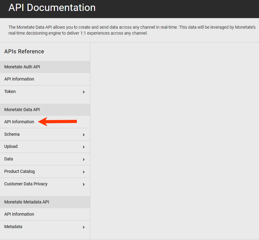 Callout of the 'API Information' option under the 'Monetate Data API' heading on the 'API Documentation' page within the platform