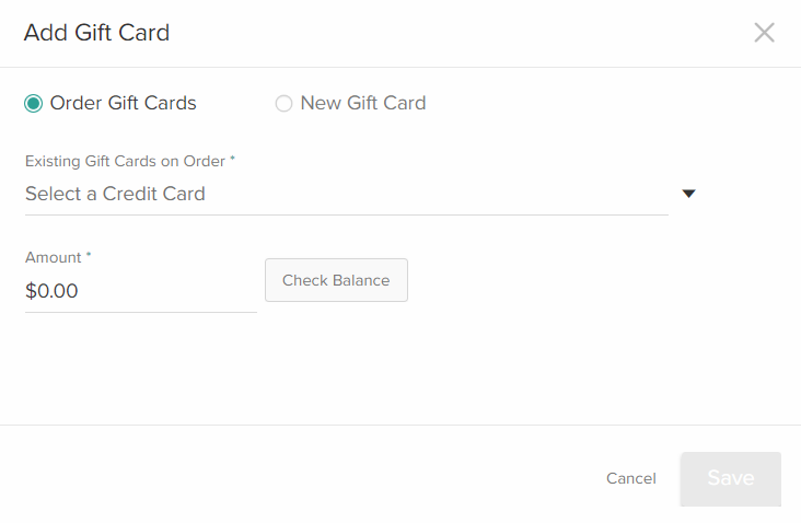 The Add Gift Card module prompting the user to select an existing or new gift card