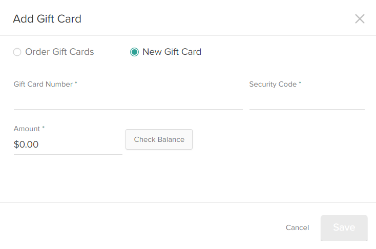 The Add Gift Card module with New Gift Card selected, displaying configuration options