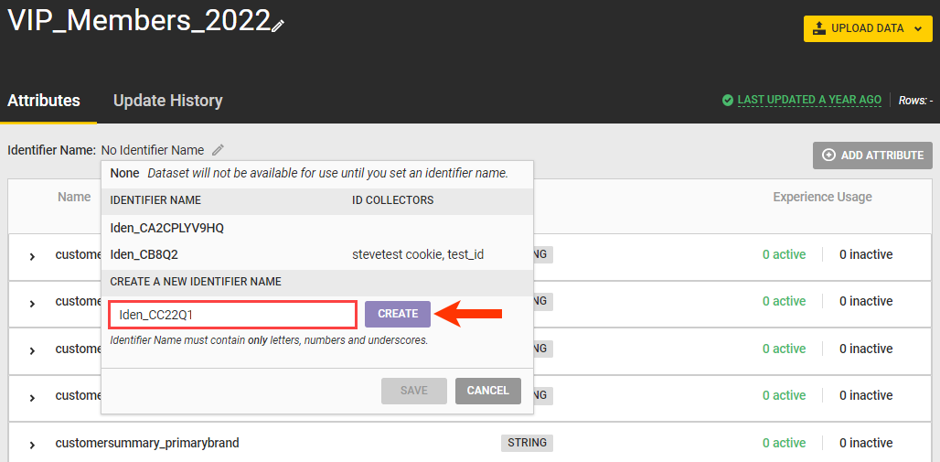 Callout of the CREATE A NEW IDENTIFIER NAME field and the CREATE button