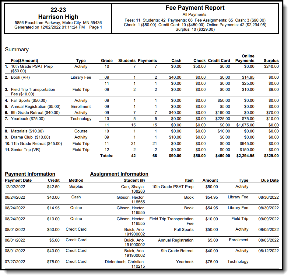Screenshot of Example Fee Audit Report - Payments