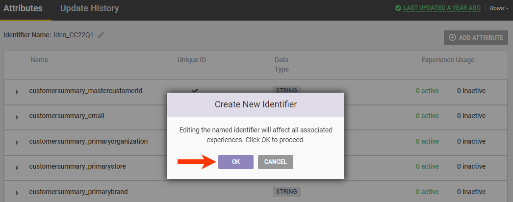 Callout of the OK button on the Create New Identifier modal