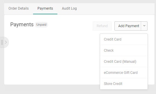 Add Payment drop-down menu with options for check, gift card, store credit, and credit card