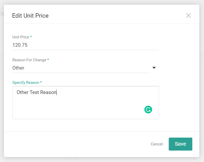 Pop-up prompting the user to select a new unit price and reason for the change
