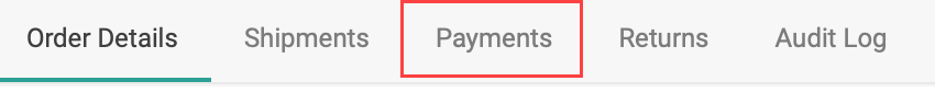 Order details header with a callout for the Payments tab