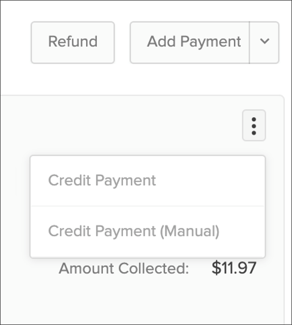 Close-up of the payment actions drop-down menu with options for Credit Payment and Credit Payment (Manual)