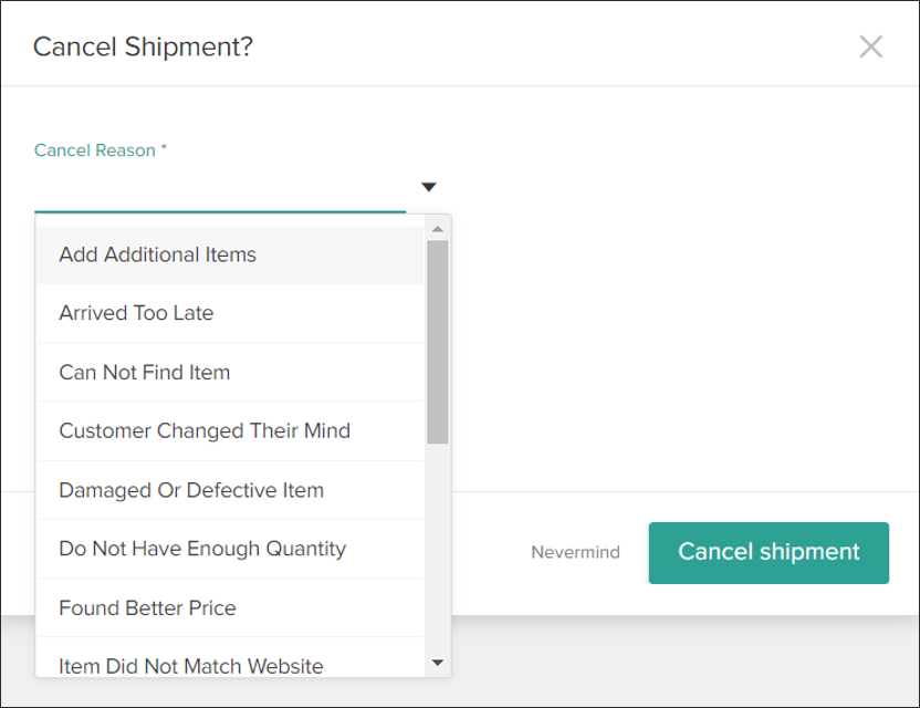 The Cancel Shipment module prompting the user to select a cancel reason