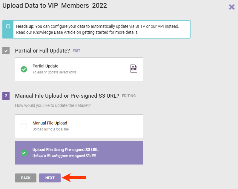 Step 2 of the Upload Data wizard, with 'Upload File Using Pre-signed S3 URL' selected and a callout of the NEXT button