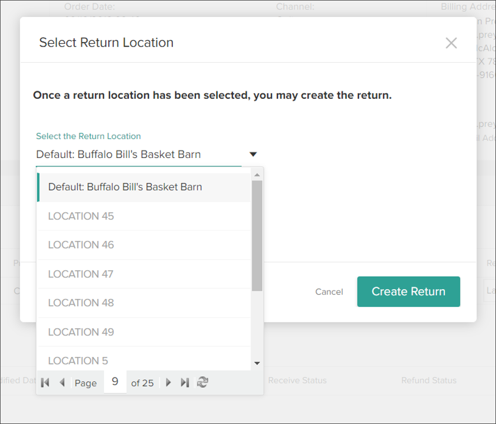 The Select Return Location module showing the drop-down list of location options