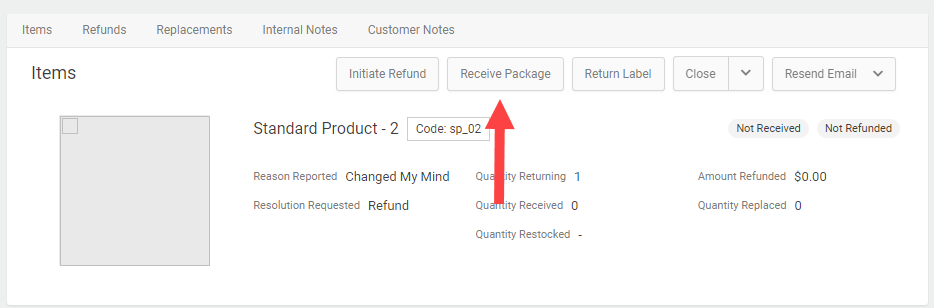 Return details with a callout for the Receive Package button