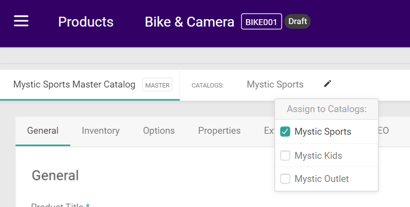 Close-up of the product configuration page header with the drop-down menu for the catalog selection